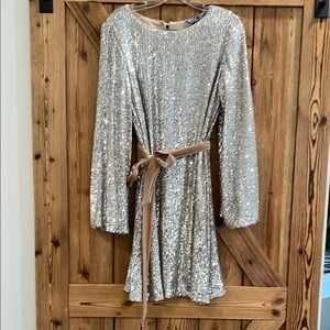 Sequin dress with velvet belt.